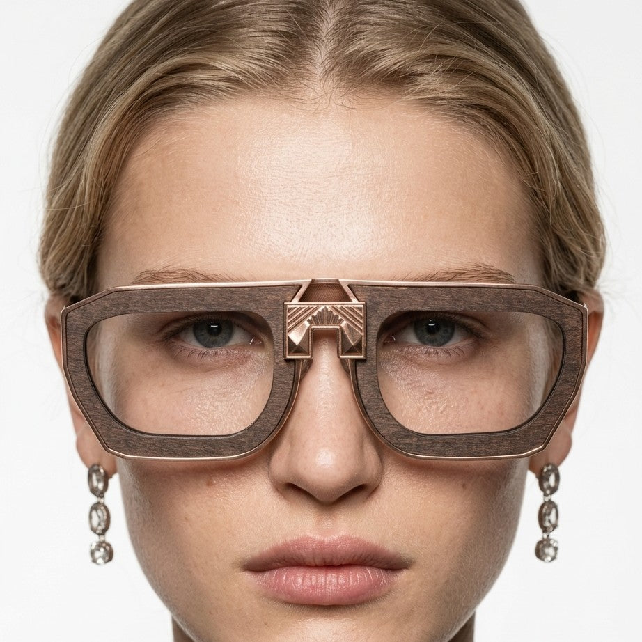 Model wearing ARIA NOIR Patriarca eyewear in Brown