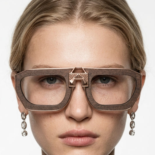 Model wearing ARIA NOIR Patriarca eyewear in Brown