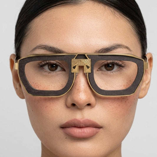 Model wearing ARIA NOIR Patriarca eyewear in Black