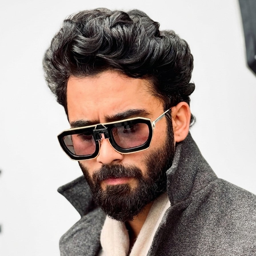 Model wearing ARIA NOIR Matriarca eyewear in Midnight Noir