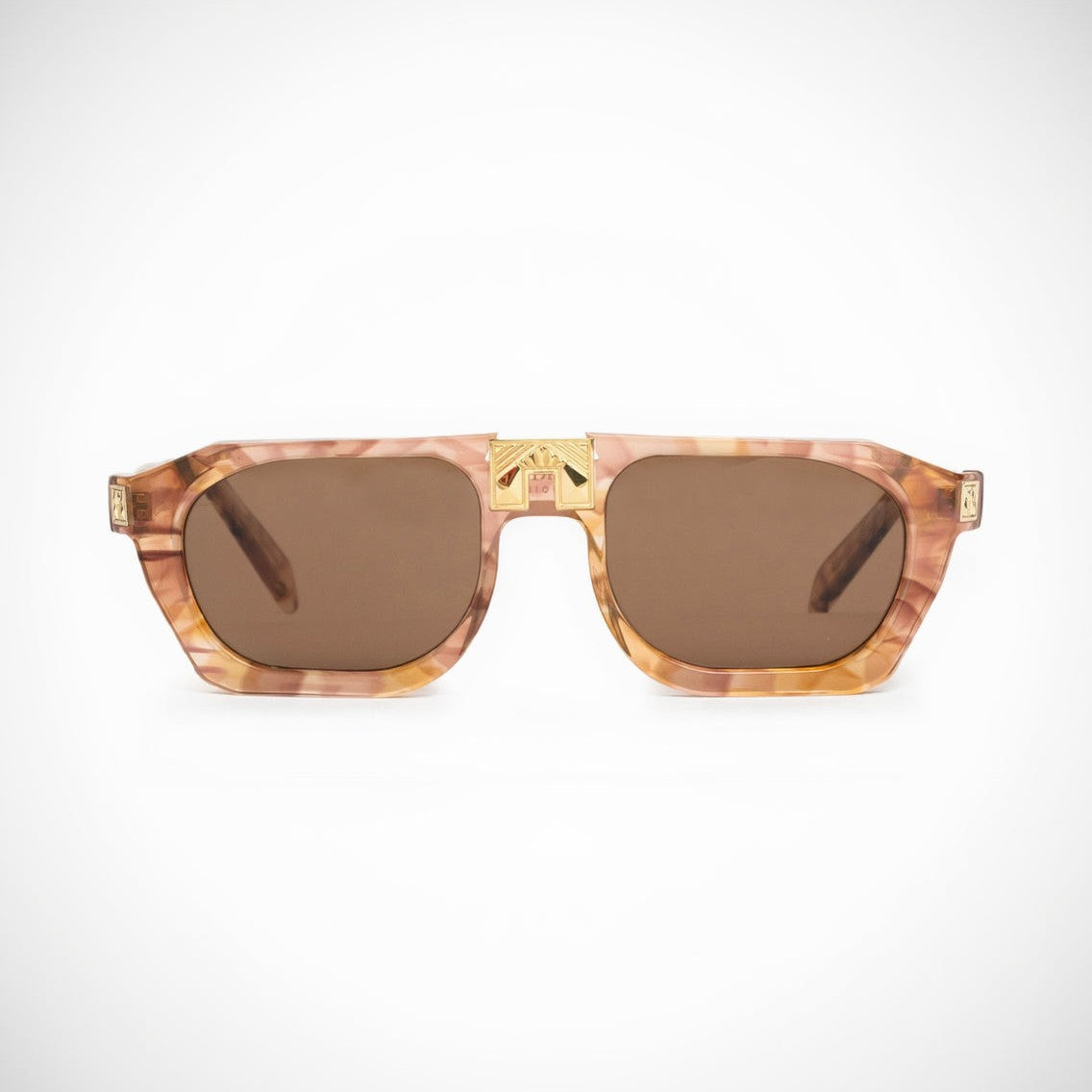 Sunglasses with a tortoiseshell frame and brown lenses on a white background