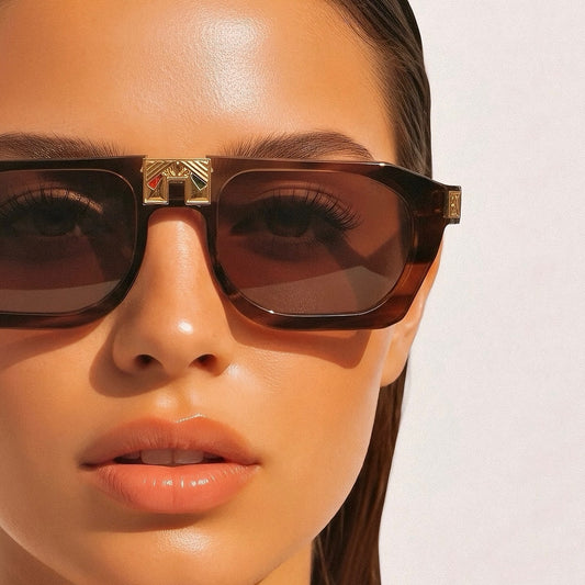 Model wearing ARIA NOIR Ahava sunglasses in Root Beer Float brown striped acetate with gold bridge detail