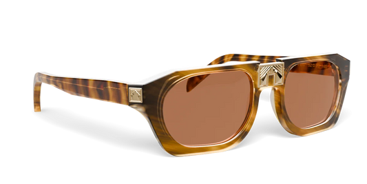 ARIA NOIR Ahava frame in Caramel Stripe, three-quarter view (product render)