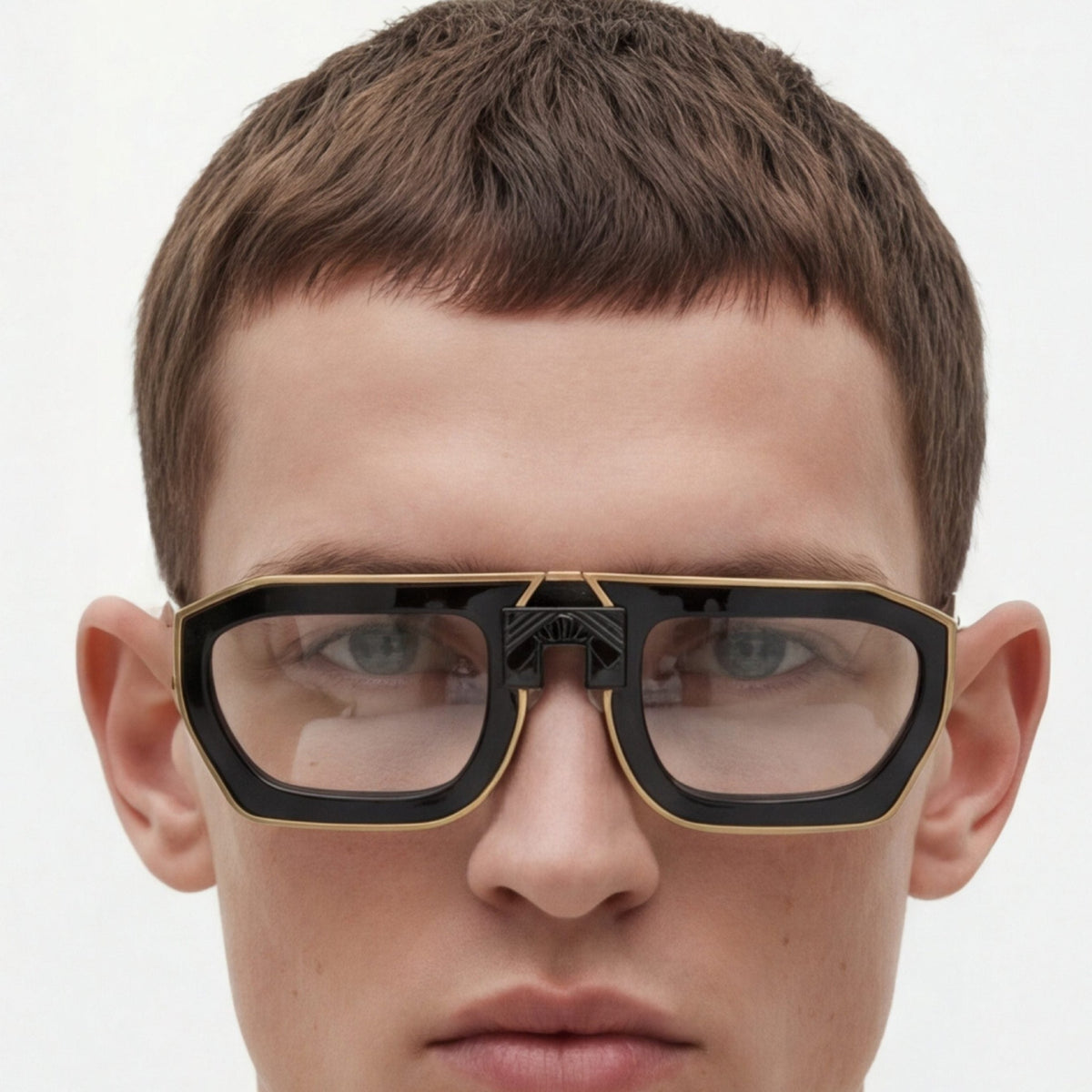 Model wearing ARIA NOIR Patriarca eyewear in Midnight Noir