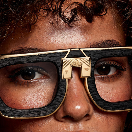Model wearing ARIA NOIR Matriarca eyewear in Black Wood